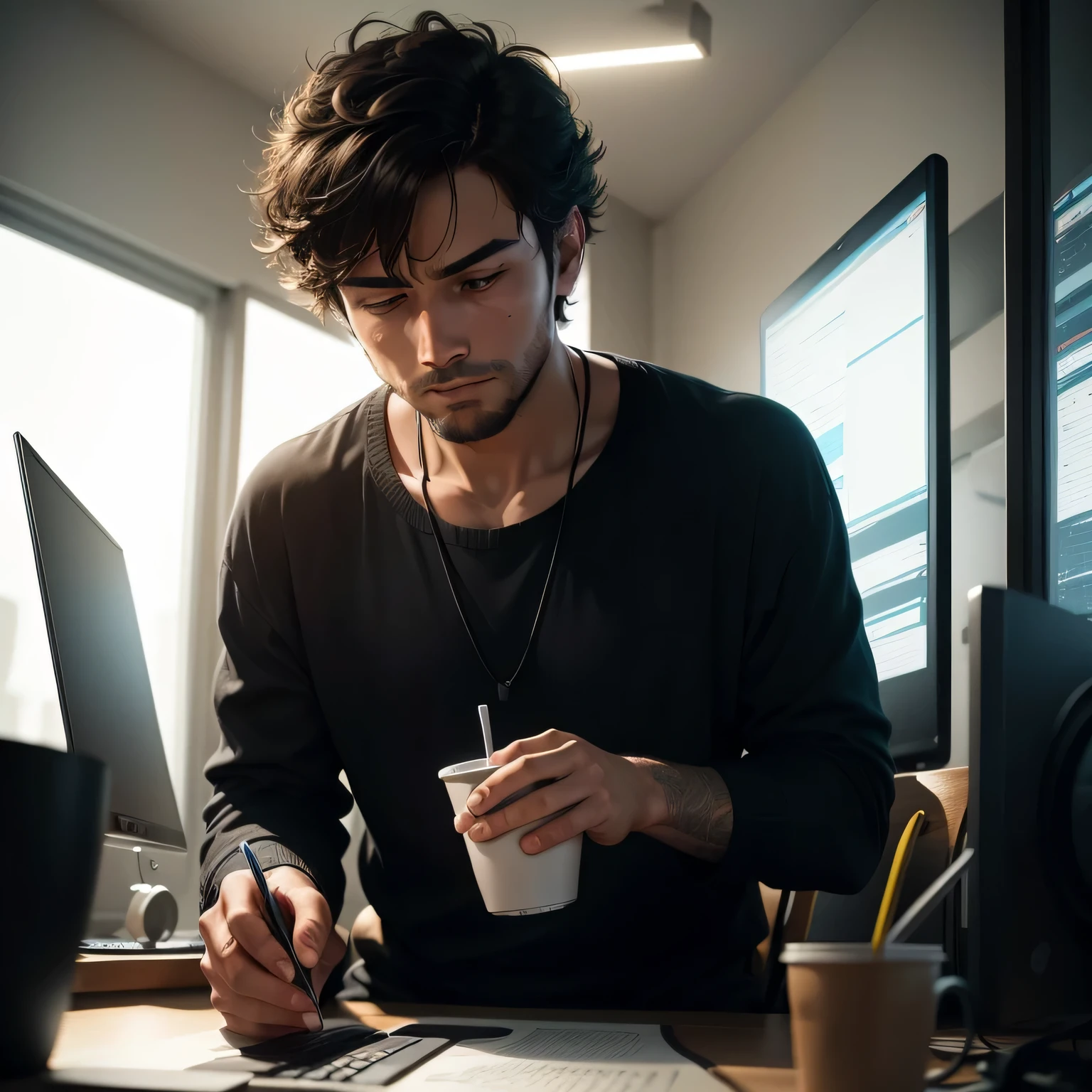 There is a focused programmer man sitting in an ergonomic chair, intently typing on his computer keyboard as lines of code illuminate the screen before him. His eyes are fixated on the monitor, deeply engrossed in the problem he's trying to solve. A cup of cold coffee sits next to him, half empty, reminding him of the long hours spent at his desk. The sound of his fingers dancing on the keys fills the room as his mind works in overdrive to bring his latest project to life.