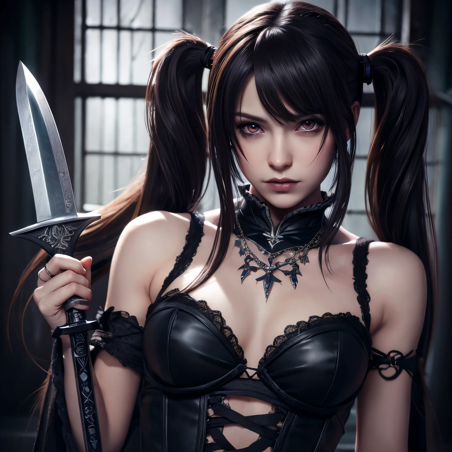 (highest quality), dark fantasy, Large sword, Magical girl, gothic, twin tails, realistic, super detailed, High resolution, anime, Erotic