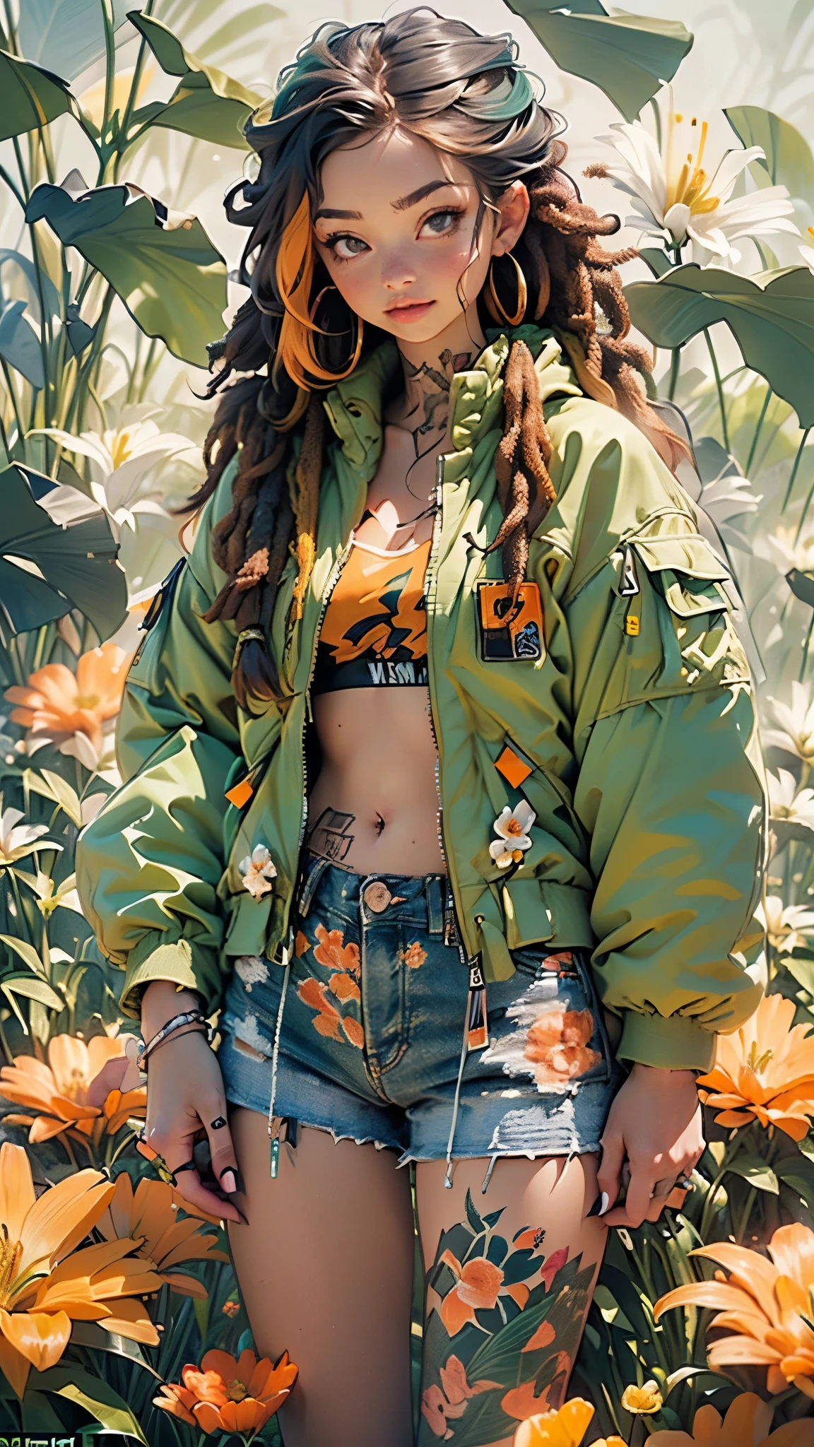 ((girl), (green:1.5, orange:1.1, white:1.3, yellow:1.3))_((very sexy rapper girl with dreadlocks hair), tattoos,(naked body parts), (down jacket :1.2),(Jacket on a naked body, thong))__(( fractal, Flowers, leaves, Fog, lilies, circles background)).