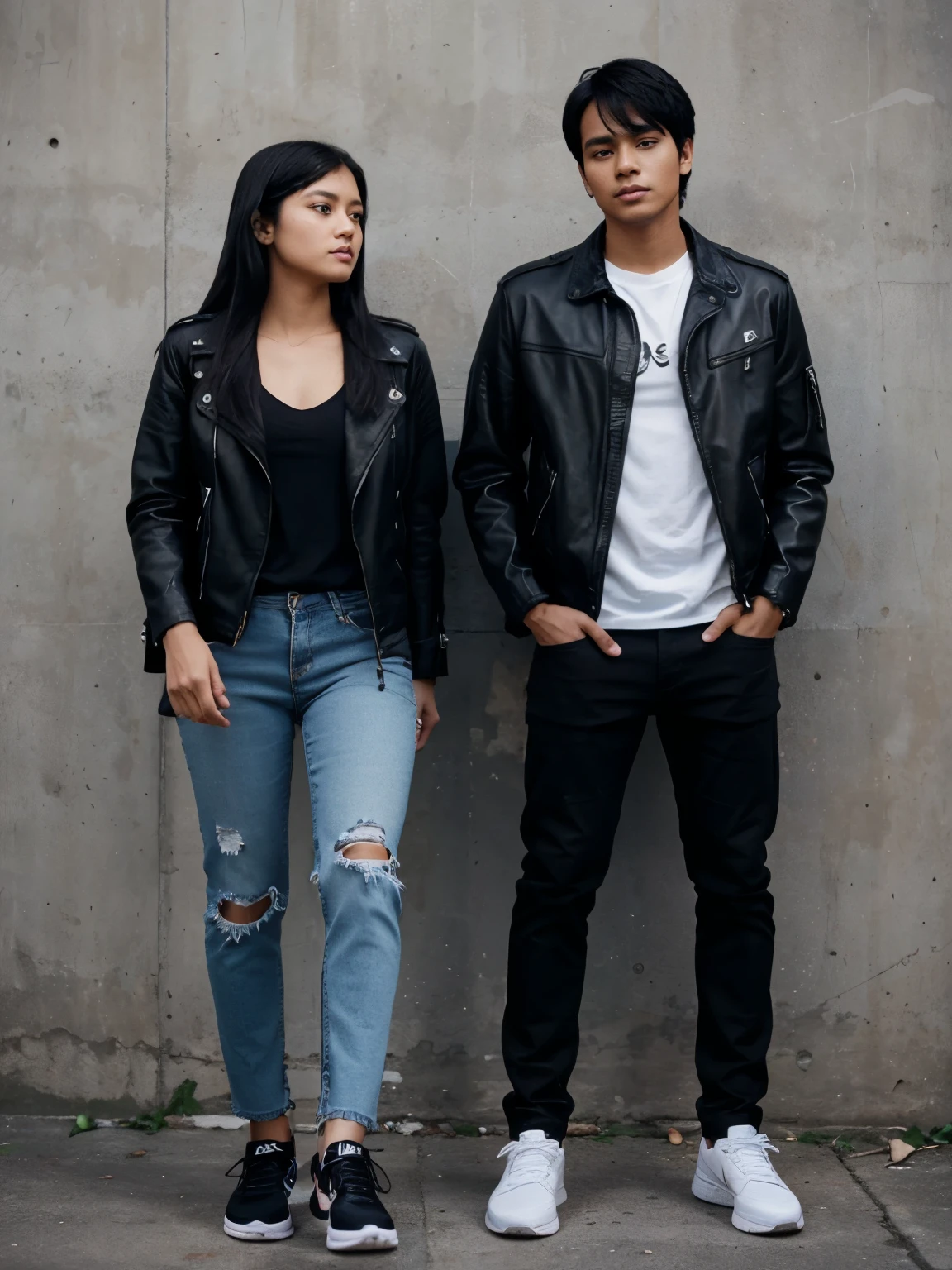 photoshoot of a young man from Indonesia black hair parted in the middle black jacket jeans Nike shoes with a young woman from Indonesia black hair leather jacket jeans Nike shoes