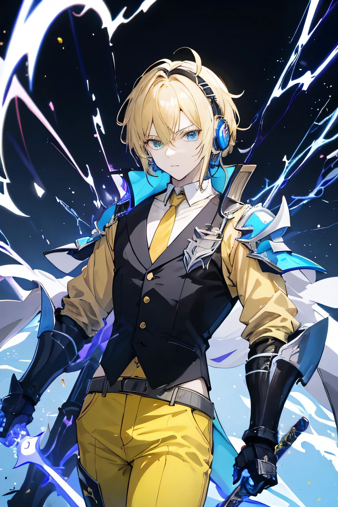Young adult anime male with fair skin, thin but toned body, blonde hair with a few black and white streaks, wearing a black vest, yellow shirt, dark brown pants and a blue muffler with high tech sci fi headphones, gauntlets, and greaves. He is also holding a high tech spear and prismatic colored electricity shooting out from his gauntlets.