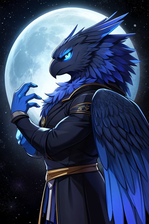 nombre: karagarasu
genero: hombre
edad: 34
altura: 2.34 metros
trabajo: dios de la luna
especie: cuervo
amuleto: usa un broche con forma de luna en su cabeza
aspecto: cuervo alto, musculoso, sus manos son color azul, sus alas son largas y azules con estrellas en los bordes, sus ojos son blancos y sus pupilas son estrellas