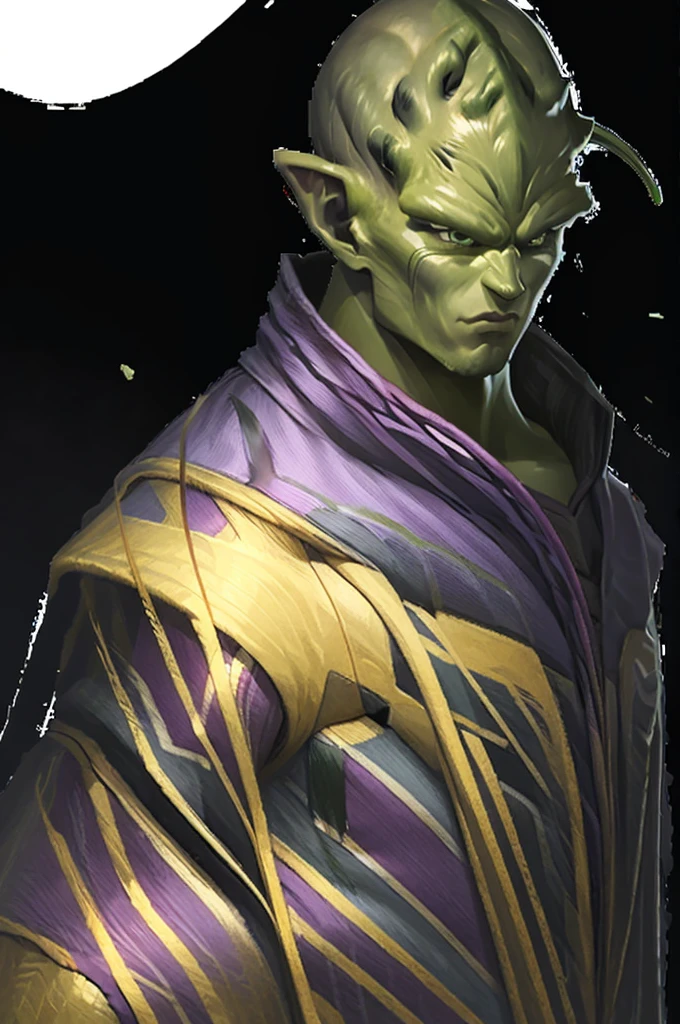 masterpiece, best quality, realistic, photorealistic, 8k,piccolo, 1boy, male focus, solo, standing, pointy ears,(purple dougi), green skin, oni horns, purple pants, closed mouth, looking at viewer, ((bald)),arms at sides,pink patches,black eyes, blue sash, rocks, grassfield