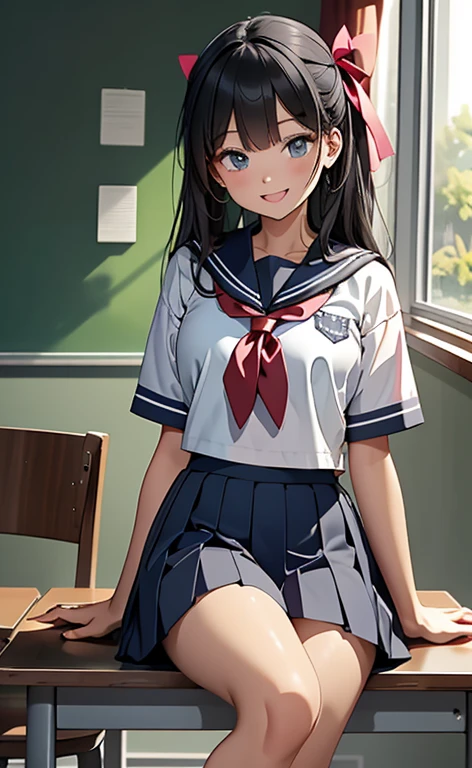((masterpiece、top-quality:1.5、a high chroma:1.5、ultra-detailliert、high-resolution illustrations:1.5、Ultra-high-definition CG、8k size wallpaper、offcial art))、(portrait,cowboy shot)、(1girl),Open mouth happy smile,cute face,
,(sitting),
,(sexy body),(sailor uniform,mini skirt),(long black hair), (medium breasts)、
(hair ribbon)、classroom,JK