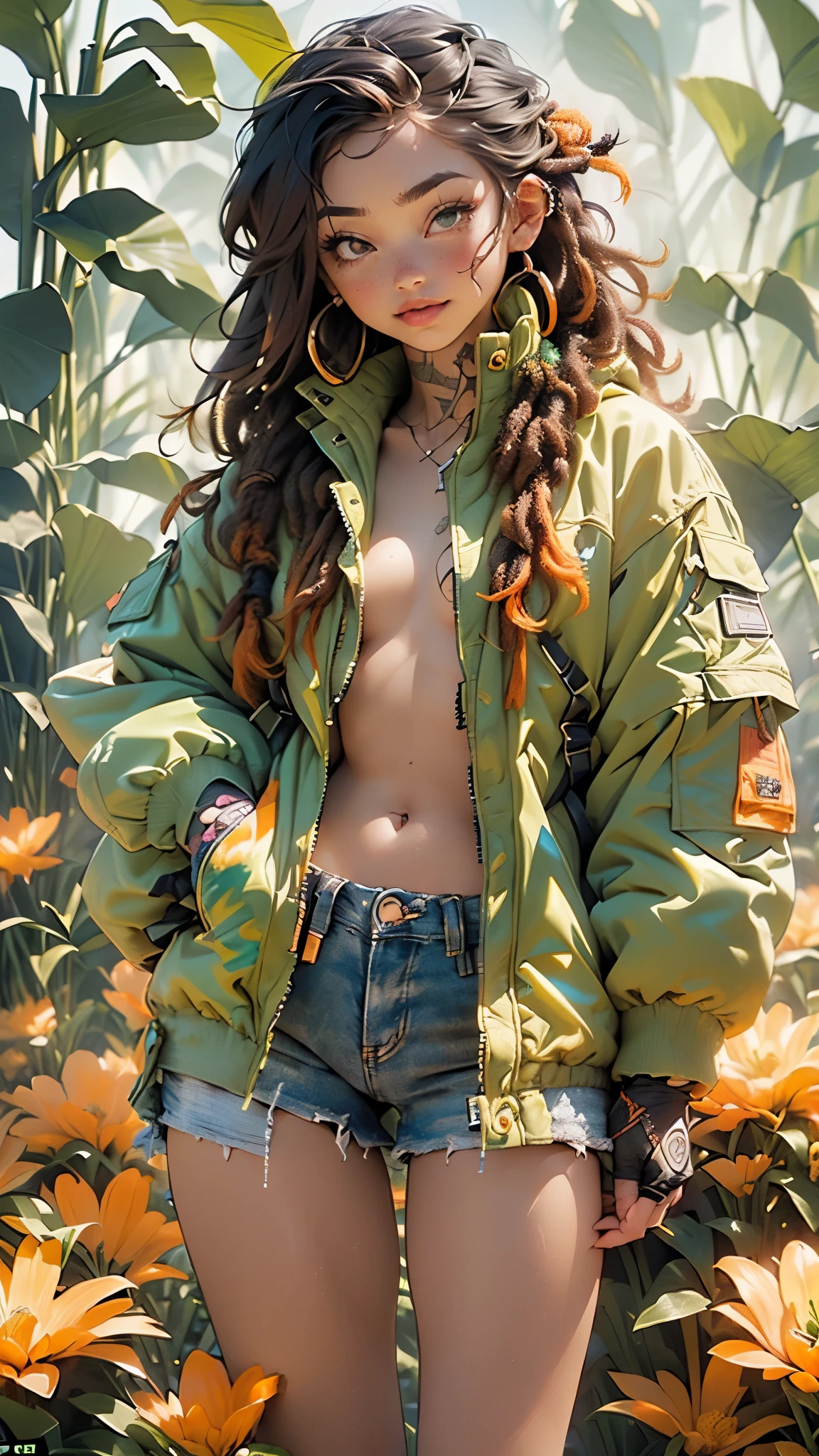 ((girl), (green:1.5, orange:1.1, white:1.3, yellow:1.3))_((very sexy rapper girl with dreadlocks hair), tattoos,(naked body parts), (down jacket :1.2),(Jacket on a naked body, thong))__(( fractal, Flowers, leaves, Fog, lilies, circles background)).