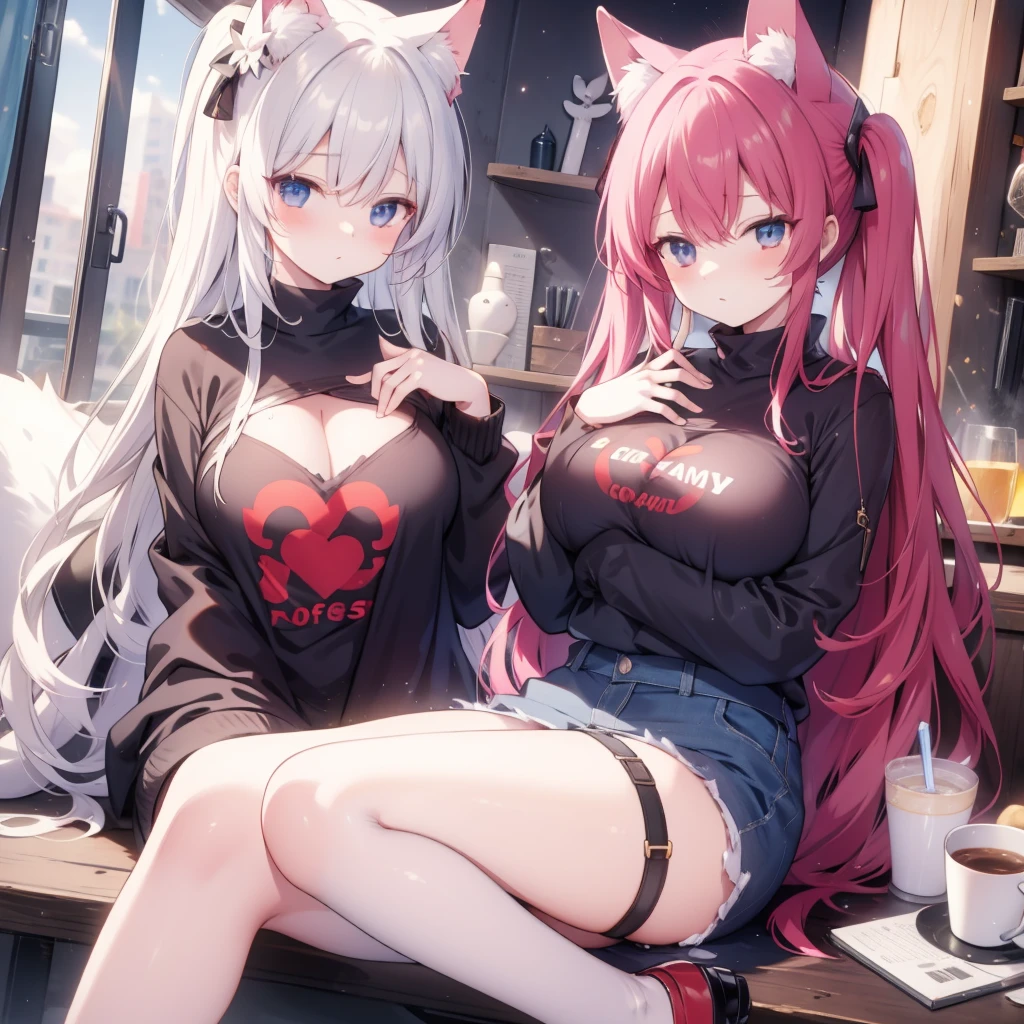 Animated character sitting at a table with a cup of coffee, animation style 4k, anime girls, In Arnite, Bad Animation 8K, anime cat girl, anime wallpaper 4k, anime wallpaper 4k, 4k animated wallpaper, two beautiful anime girls, best anime 4k konachan wallpaper, Rising in popularity on cgstation, cgstation trends,ZZZ_CUP(Super_giant_huge_chest)