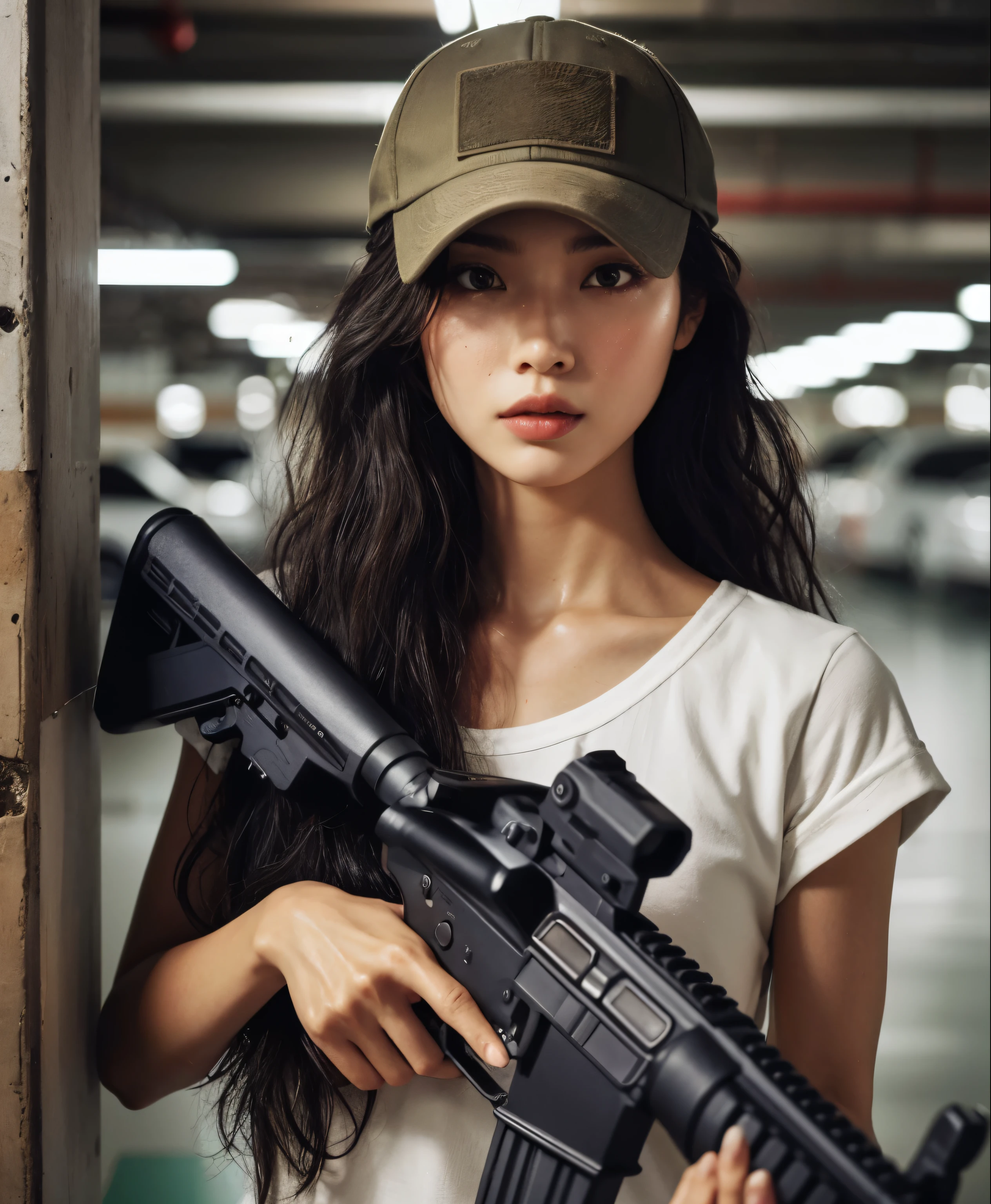 Photoreal、realistic skin texture、automatic rifle