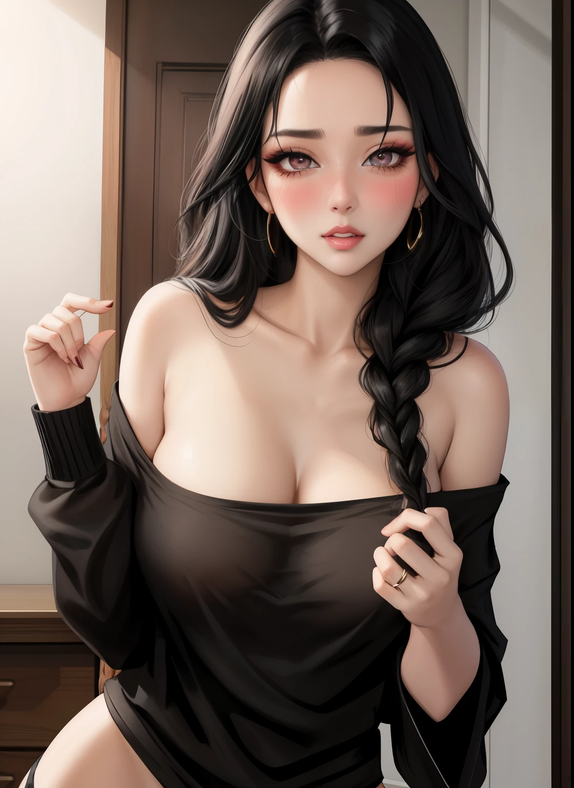 Sexy woman, black hair, single braid, seductive eyes, intense gaze, mouth parted, deep blush, flustered, beautiful face, amazing makeup, off shoulder t shirt