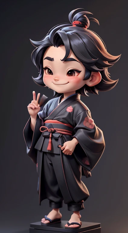 front view、full body figure、full body,, smile, Peace and love hand sign、boy,black kimono、Japanese clothing、samurai、Japanese kimono,A face with a jutting jaw、Hair parted to the left、My bangs are hanging on my forehead、Have a big brush
