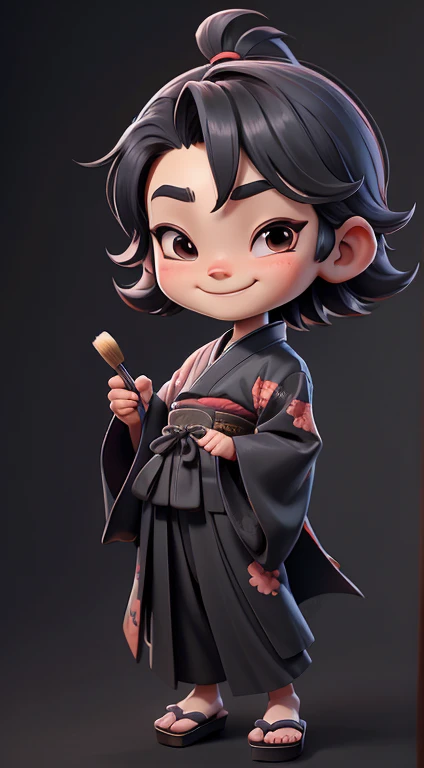 front view、full body figure、full body,, smile, Peace and love hand sign、boy,black kimono、Japanese clothing、samurai、Japanese kimono,A face with a jutting jaw、Hair parted to the left、My bangs are hanging on my forehead、Have a big brush