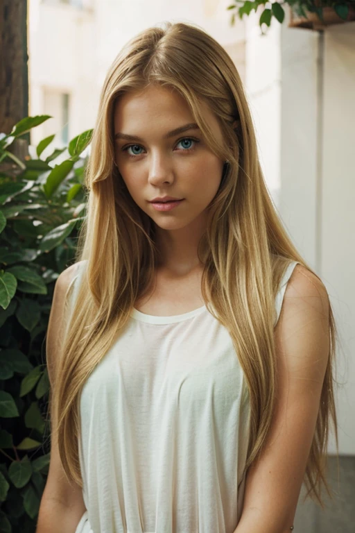 Blonde girl with green eyes and long hair