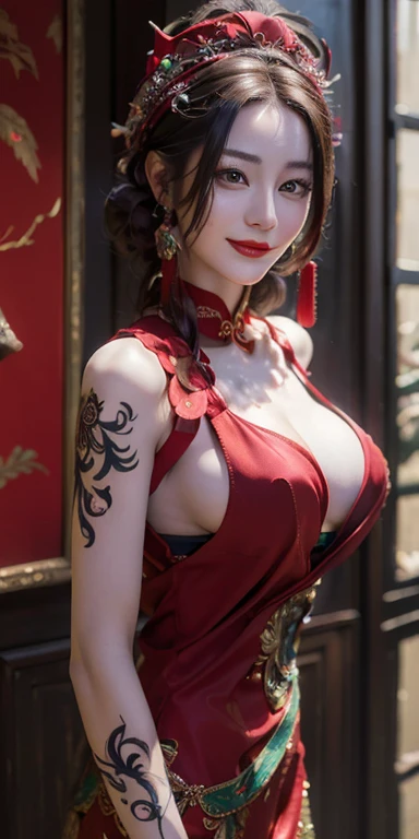 Best quality, (RAW photo: 1.2), (Masterpiece: 1.4), (Realism: 1.4), (High resolution: 1.4), Chinese actress Guli Naza,green eyes, warm smile, red lips, depth of field, intricate details, 8k, very detailed, perfect lighting, epic background, red tang costume