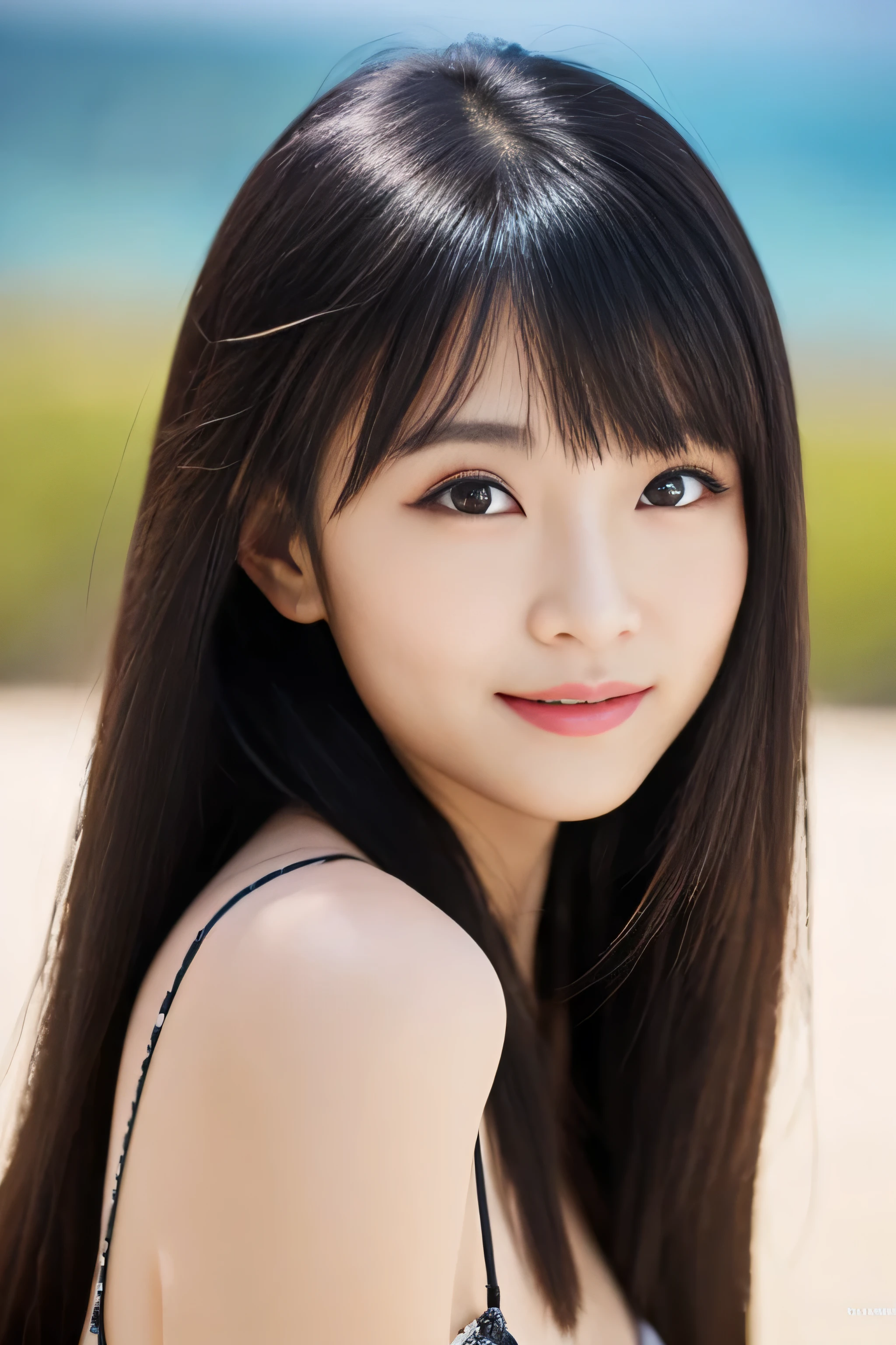 (((Extremely long black hair 1.3)))　((highest quality)), ((masterpiece)), (become familiar with) ((From the side)) 　perfect beautiful face　(The most beautiful Japanese 18 year old girls)　hairstyle(dull bangs)　　Ridiculously long hair, black shiny hair, very shiny, unusually long hair, 厚く輝くunusually long black hair,Jet black silky hair　Her hair is very long and straight, Reach up to your waist., very long, Thin black hair down to the waist, be familiar with　unusually long black hair, unusually long black hair, Very long black hair　((Lush breasts 1.4))　beautifull be familiar with face　8K　(Ultra-fine skin texture 1.4)　(actual, lively:1.4), double eyelid　sharp focus:1.2、Beautiful woman:1.4　　The whole body is super beautiful々New skin texture　((she is perfect, clear, Fair skin.　she is perfect professional makeup))　Unique Japanese faces　The lipstick is red　Japan body type　It&#39;s sunny here, Standing on a cloudless beach, looking at me　Your smile is so beautiful