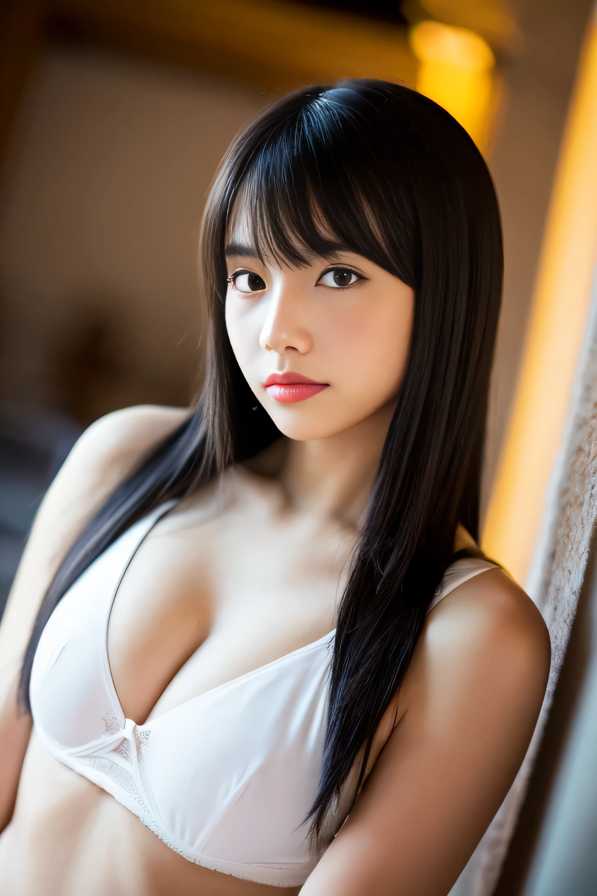 ((highest quality)), ((masterpiece)), (become familiar with), perfect face arafed woman with long black hair standing in front of a wall, long black shiny hair, black silky hair, Extra Dark Natural Black Hair, long straight black hair, long black straight hair, Perfect silky straight hair, straight black hair, long black hair, her hair is long and straight, detailed long black hair white lingerie (huge breasts 1.8) (Super long hair down to the ankles) 1 female Japan'cutest middle schooing model) sensual look erotic expression neat bangs The neatly trimmed bangs are princess cut and cover the entire forehead.. bright red lips Overall rear view Close up of the whole woman fine hands fine fingers five fingers (narrow mouth) natural makeup (Head forward)