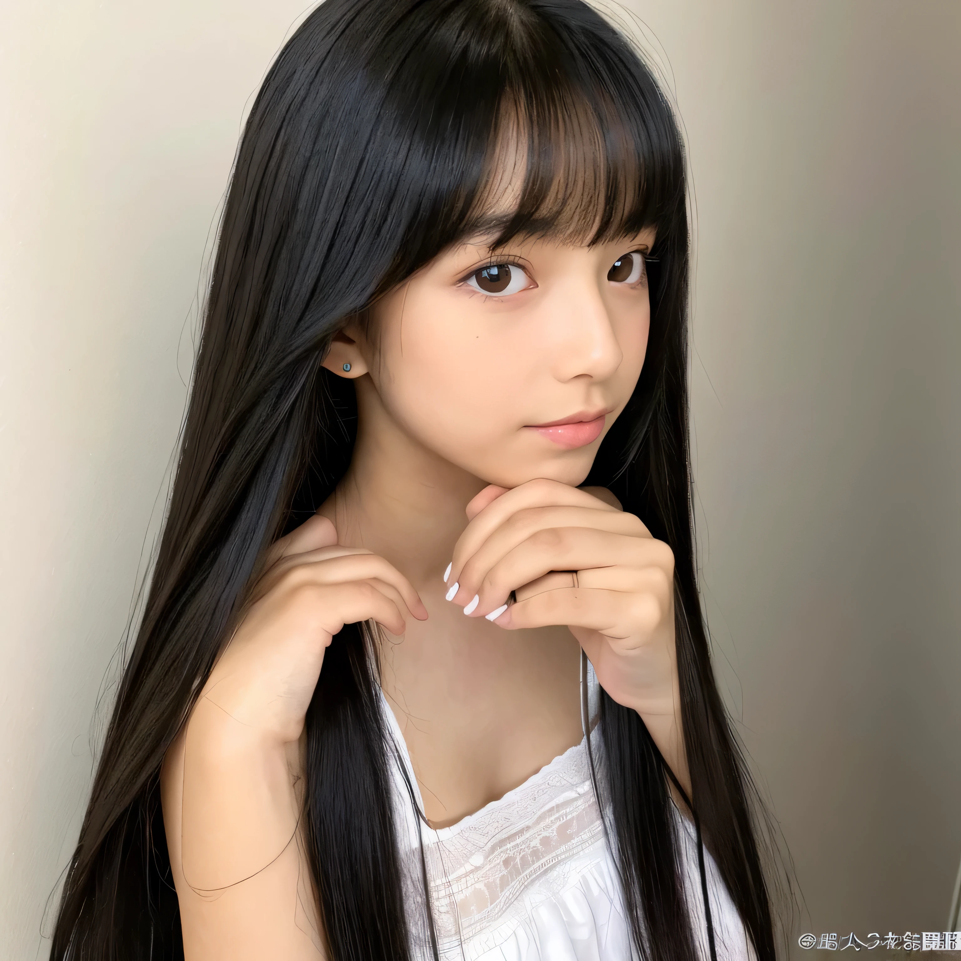 ((highest quality)), ((masterpiece)), (become familiar with), perfect face arafed woman with long black hair standing in front of a wall, long black shiny hair, black silky hair, Extra Dark Natural Black Hair, long straight black hair, long black straight hair, Perfect silky straight hair, straight black hair, long black hair, her hair is long and straight, detailed long black hair white lingerie (huge breasts 1.8) (Super long hair down to the ankles) 1 female Japan'cutest middle schooing model) sensual look erotic expression neat bangs The neatly trimmed bangs are princess cut and cover the entire forehead.. bright red lips Overall rear view Close up of the whole woman fine hands fine fingers five fingers (narrow mouth) natural makeup (Head forward)