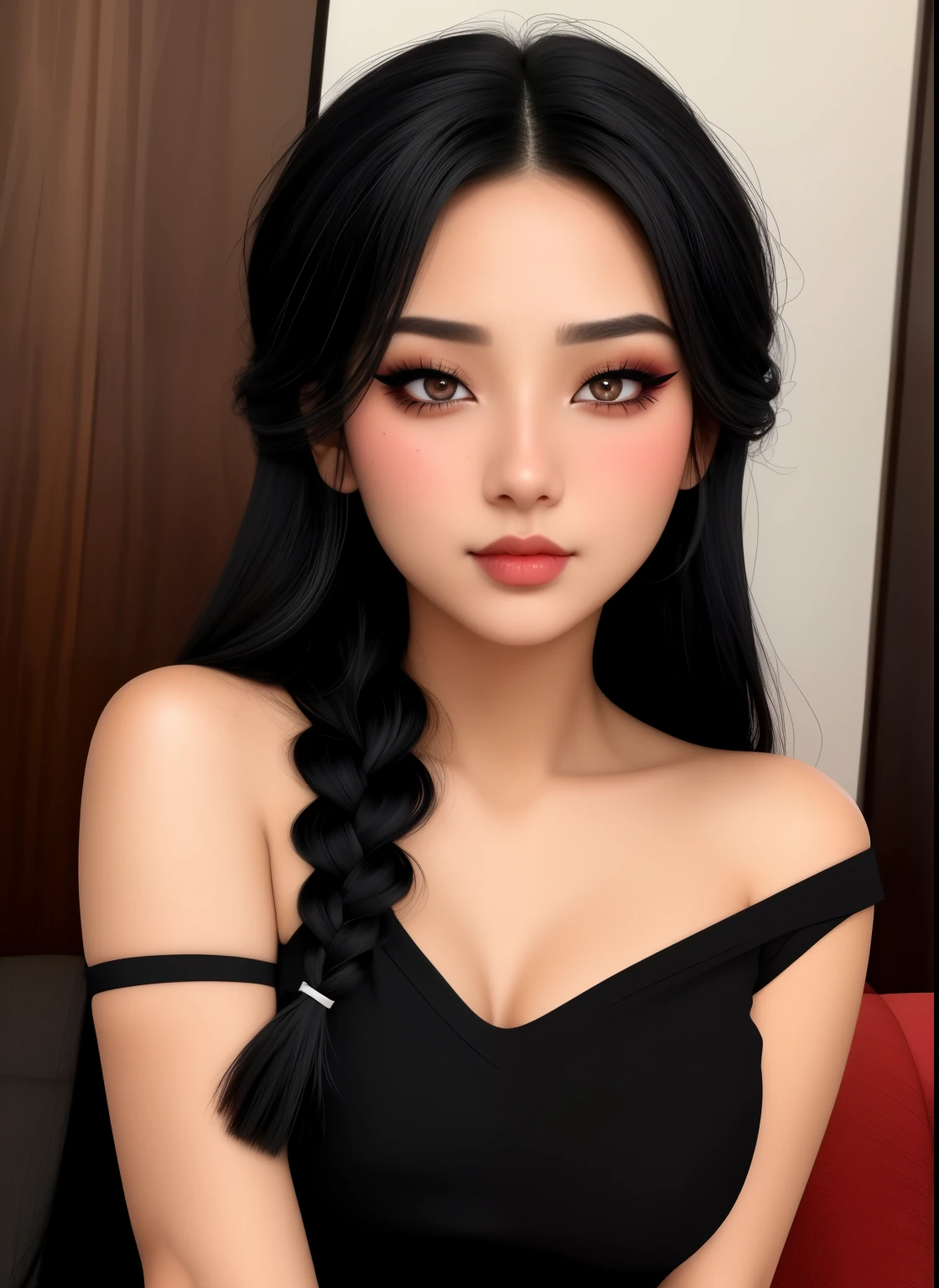 Sexy woman, black hair, single braid, seductive eyes, intense gaze, mouth parted, deep blush, flustered, beautiful face, amazing makeup, off shoulder t shirt