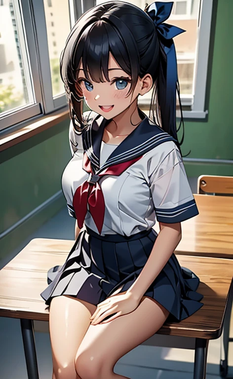 ((masterpiece、top-quality:1.5、a high chroma:1.5、ultra-detailliert、high-resolution illustrations:1.5、Ultra-high-definition CG、8k size wallpaper、offcial art))、(portrait,cowboy shot)、(1girl),Open mouth happy smile,cute face,
,(sitting,knees up),
,(sexy body),(sailor uniform,mini skirt),(long black hair), (medium breasts)、
(hair ribbon)、classroom,JK