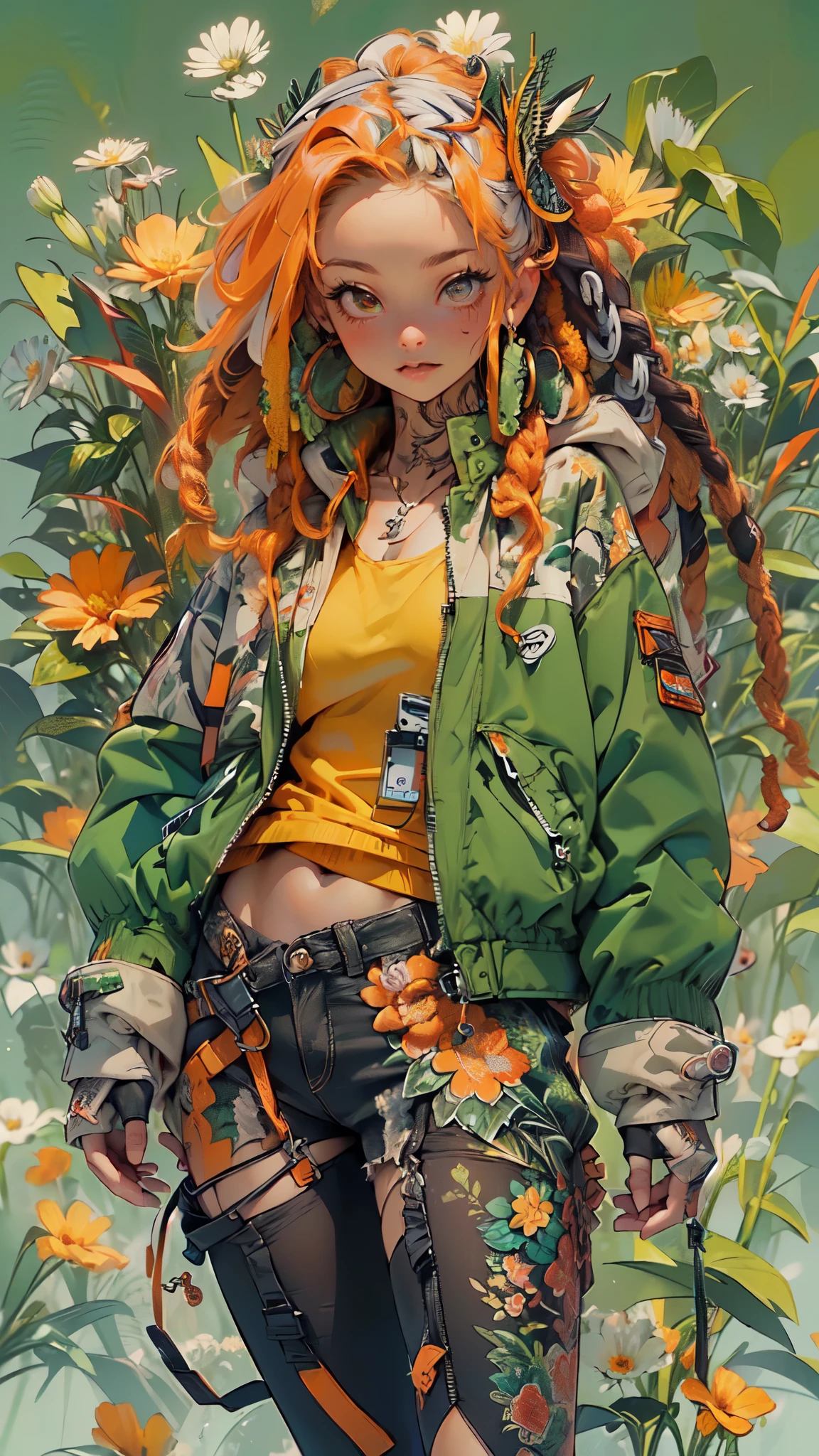 ((girl), (green:1.5, orange:1.1, white:1.3, yellow:1.3))_((very sexy rapper girl with dreadlocks hair), tattoos,(naked body parts), (down jacket :1.2),(Jacket on a naked body, thong))__(( fractal, Flowers, leaves, Fog, lilies, circles background)).
