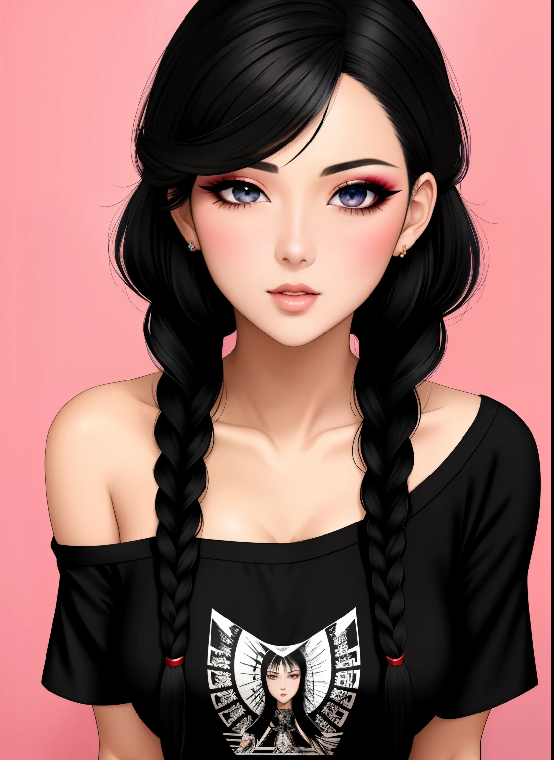 Sexy woman, black hair, single braid, seductive eyes, intense gaze, mouth parted, deep blush, flustered, beautiful face, amazing makeup, off shoulder t shirt