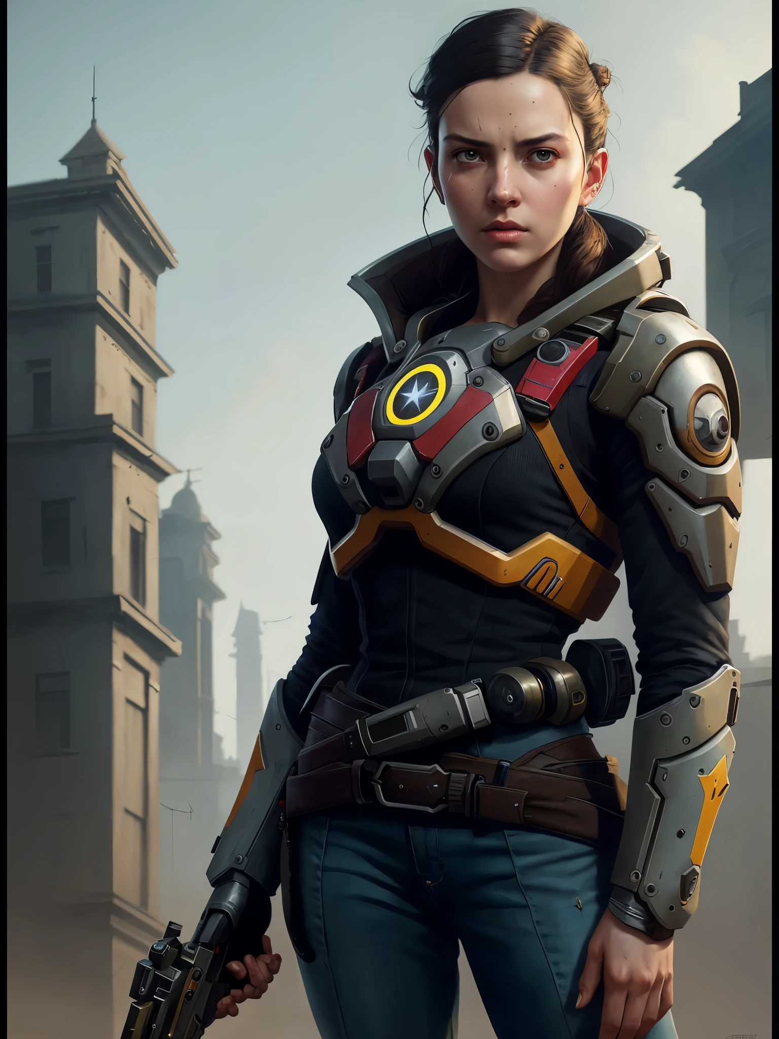 overwatch,VHS effect,(poster for:1.6),poster on wall,Nostalgia,filmposter,Western film(skin textures),intricately details,finely detailled,Hyper-detailing,Ray traching,sub surface scattering,diffused soft lighting,shallowdepthoffield,author:(Oliver Waite) CGSociety trends,complex,high detal,Sharp focus,dramatics,The art of realist painting by Greg Rutkowski