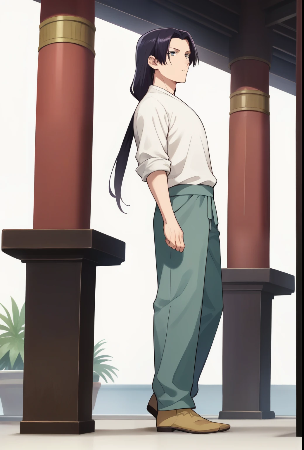 jinshi, long hair, black hair, grey eyes, parted bangs, side view, full-length, low ponytail, solo, white background, linen shirt, rolled up sleeves, straight classic trousers, beige boots, 1 boy, gives a high five, raised his hand high up:1.05, He shows his palm to the person standing in front of him, he stands, BREAK
score_9, score_8_up, score_7_up, score_6_up, anime