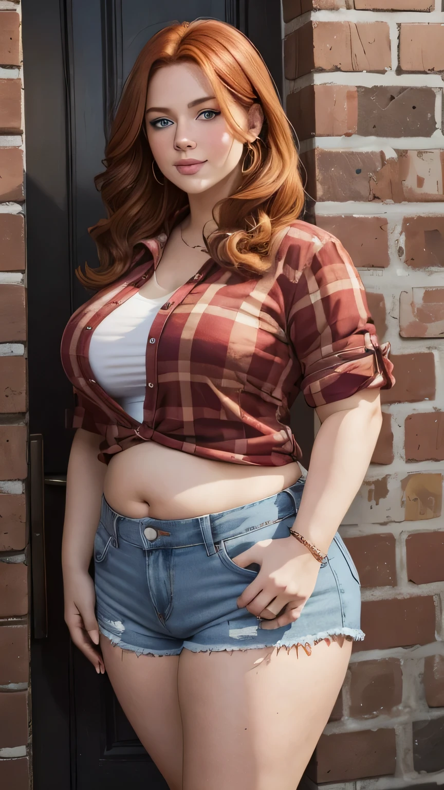 27 year old Woman, five foot tall, chubby, overweight, gorgeous face, light freckles, spixie cut light reddish blonde hair, round blue eyes, full lips, thick wide hips, , round belly, sweet smile, defined cheekbones, defined jawline, pointed chin, kind eyes, standing next to a brick homes front door, wearing open red plaid shirt over tight white shirt, wearing tight blue jean shorts