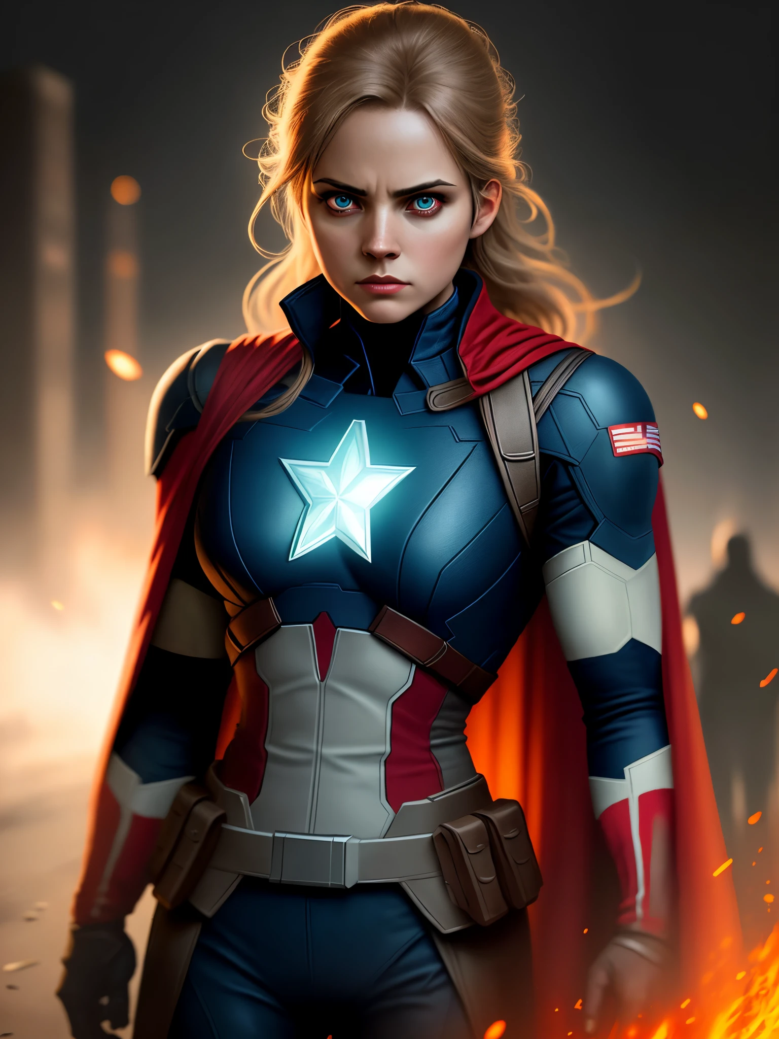 (dark shot: 1.1), epic realistic, Woman dressed as Captain America in the dark with glowing eyes and glowing cape, soft cinematic light, Adobe Lightroom, darkroom, HDR, intricate, highly detailed, (depth of field: 1.4), hyper-detail (artstation: 1.4), cinematic, warm light, dramatic light (complex details: 1.1)