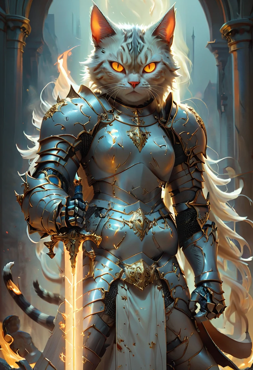 cat knight with glowing eyes, fight, (anthropomorphic cat:1.4), ethereal, angry, dynamic pose, Movie Still, cover art, vertical symmetry, famous artwork by artgerm and guweiz, hkstyle, (masterpiece, best quality, perfect composition, very aesthetic, absurdres, ultra-detailed, intricate details, Professional, official art, Representative work:1.3)
