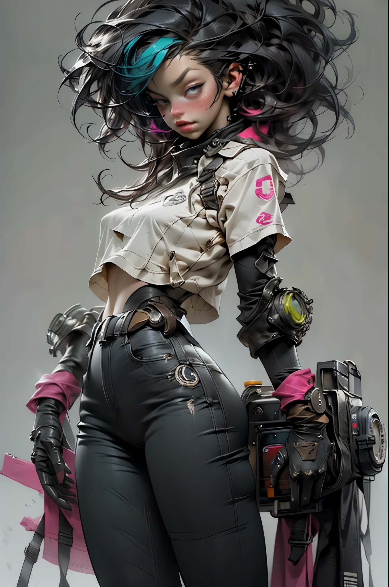 unreal engine:1.4,CG K ultra realistic, photorealistic:1.4, skin texture:1.4, artwork 1girl, Gatling gun, Casing, looking at viewer, dynamic pose, Blows, ammunition belt, gloves, large breasts not disproportionate, shooting , extremely detailed:1.4, more detailed, optical mix, playful patterns, animated texture, unique visual effect, or cyberpunk yellow color, red pantyhose, yellow leather miniskirt, masterpiece, ((colors, cyan, greens, pink, brown: 1.2)), 8k realistic digital art)), 32k