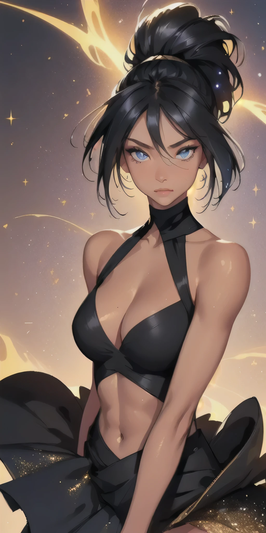 (best quality, masterpiece), 1girl, galaxy, glitter, dress, particle, wind, flower, upper body, dark simple background, looking at viewer, long black ponytail, tan skin. abs, blue eyes, large breasts, (tan skin, glossy skin), hair between eyes, very long hair