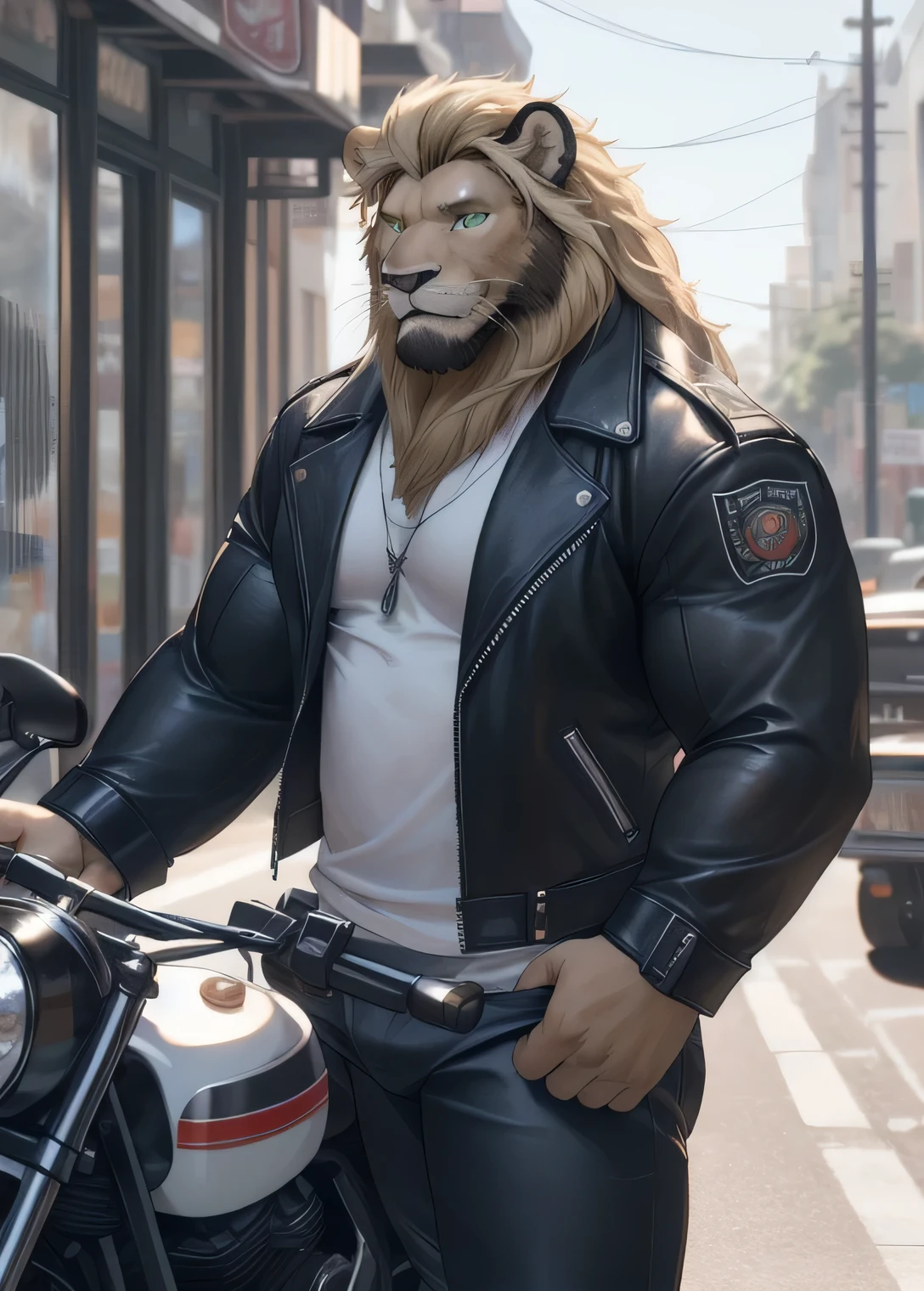 Lion, male, adult, long blond mane, brown beard along the jaw, green eyes, detailed eyes, detailed face, very muscular body, large pectorals, large biceps, broad shoulders, biker, biker clothing, open jacket, tight pants, on a motorcycle, in the background of the street, looking at the viewer (intricate, high detail, film photography, soft focus, RAW candid cinema, photorealism, realistic, photorealistic, analog style, subsurface scattering, masterpiece, best quality, ultra realistic, 8k)