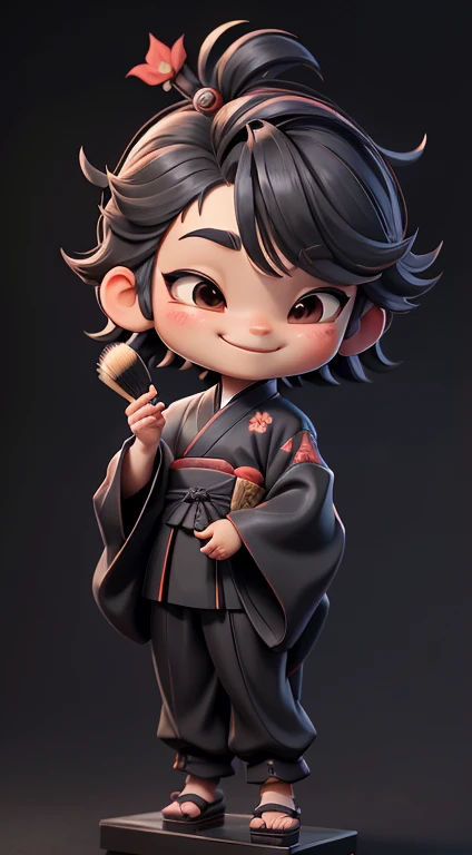 front view、full body figure、full body,, smile, Peace and love hand sign、boy,black kimono、Japanese clothing、samurai、Japanese kimono,A face with a jutting jaw、Hair parted to the left、My bangs are hanging on my forehead、Have a big brush、Background none、太くてHave a big brush