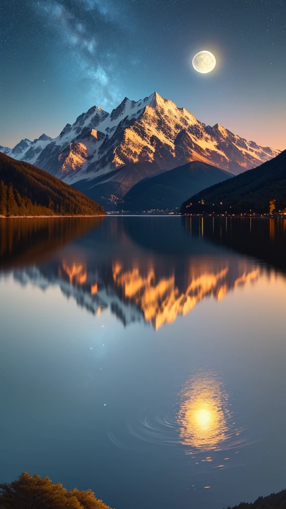 Noite muito estrelada. A giant moon behind the mountains. Um lago tranquilo refletindo a noite. cena realista, detalhado, fotorrealismo, 8k