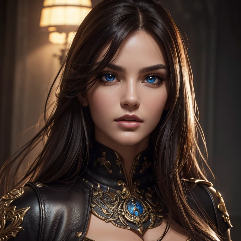 (best quality,4k,highres),realistic,portrait,leather,sexy,beautiful detailed face,gorgeous hair,detailed eyes and lips,well-defined body,alluring pose,vivid colors,studio lighting,shiny textures,fierce expression