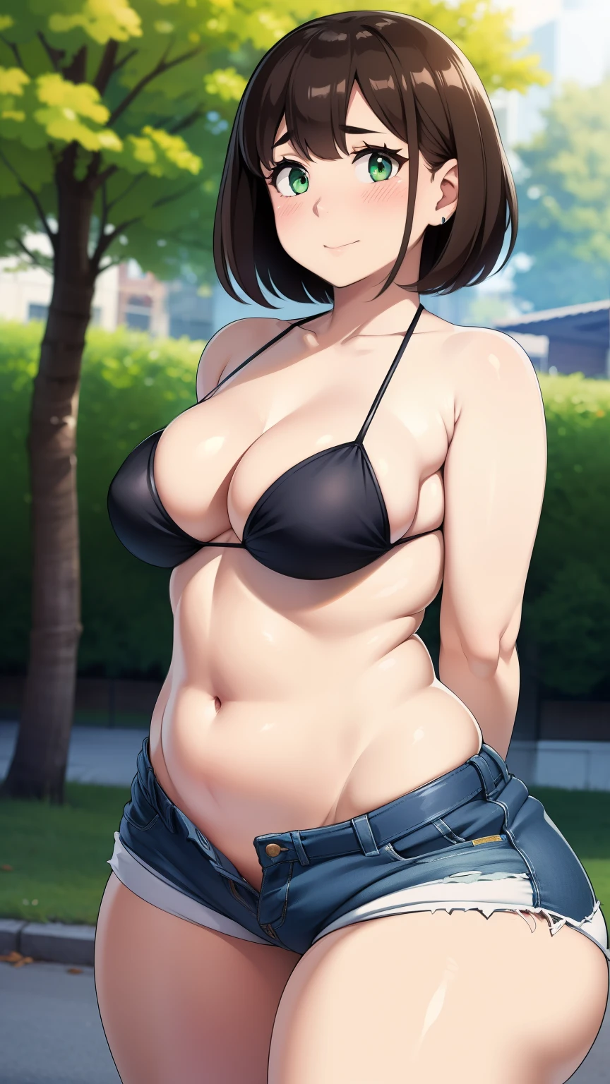 ((highres)), Masterpiece, high quality, best quality, beautiful, perfect lighting, detailed face, ultra cute face, cowboy shot, ((1girl)), ((solo)),

Short hair, fluffy hair, brown hair, green eyes, ((blush)), nervous, shy, looking at viewer, arms behind back, bikini, big , shorts, ((thick thighs)), (wide hips), bottom heavy, cleavage, (small breasts), 

20 year old female, standing in a park, (park), daytime,
