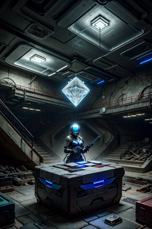(best quality,4k,8k,highres,masterpiece:1.37), ultra-detailed, (realistic,photorealistic,photo-realistic:1.37), (aerial view), (top down perspective), FOTOREALISMO, 1woman, (the foreground is a woman pulling a video game cartridge out of a futuristic artifact box full of video game cartridges:1.6), (the woman is looking down:1.4), (Futuristic artifact box), (the artifact box is open), (The scene unfolds inside a mystical cavern:1.4), robot joints, mecha musume, FANTASIA, (The woman is wearing a cyber suit made with glass details, covering her entire body:1.5), gatchaman, (She has a helmet glass visor:1.4), (dynamic angle:1.37), headgear, mechanical parts, (The woman's headgear is made of fractal mechanical parts:1.4), (fantasy and sci-fi mixed:1.37), holographic glitch effects floats around the woman, vibrant colors, (A blue glow emanates from inside the treasure chest), glowing lights, (abandoned machinery), (there are video game cartridges and consoles on the background), mystical creatures, (there are crystal formations spreading on the background), (futuristic technology), (ancient artifacts), mystical energy, vibrant retro aesthetic, atmospheric lighting, ancient ruins, mysterious symbols, lush vegetation, nostalgic atmosphere, epic adventure, delightful surprises