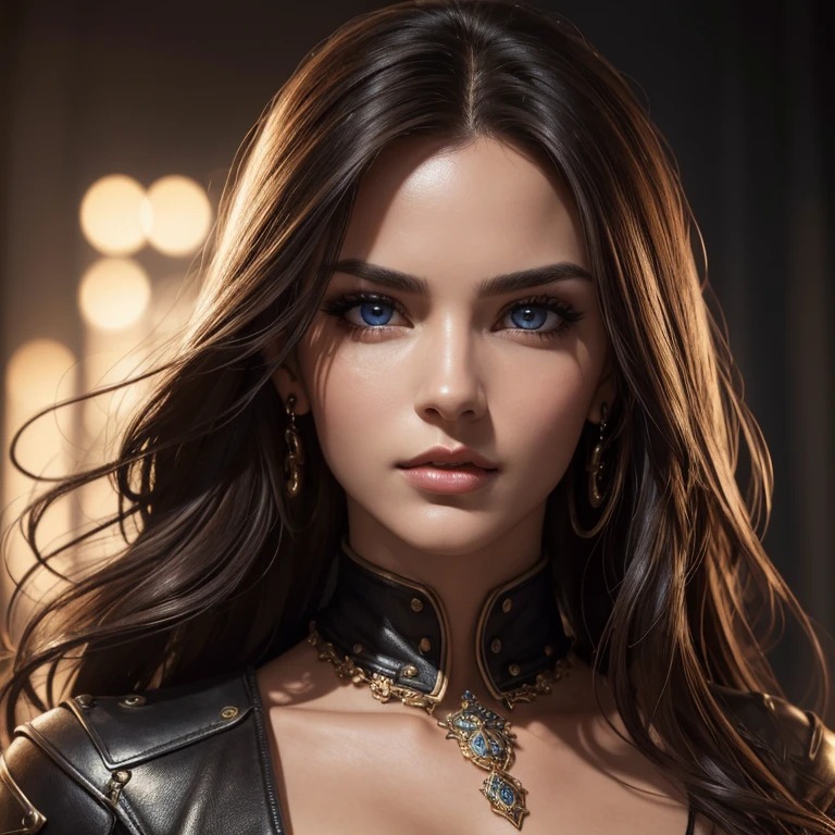(best quality,4k,highres),realistic,portrait,leather,sexy,beautiful detailed face,gorgeous hair,detailed eyes and lips,well-defined body,alluring pose,vivid colors,studio lighting,shiny textures,fierce expression