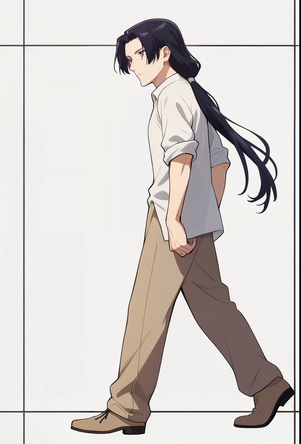 jinshi, long hair, black hair, grey eyes, parted bangs, side view, full-length, low ponytail, solo, white background, linen shirt, rolled up sleeves, straight classic trousers, beige boots, 1 boy, gives a high five, raised his hand high up:1.05, He shows his palm to the person standing in front of him, he stands, BREAK
score_9, score_8_up, score_7_up, score_6_up, anime