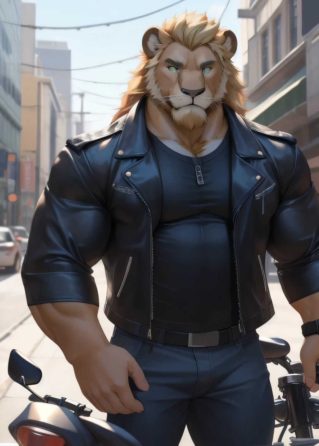 (best quality,4k,highres,masterpiece:1.2), ultra-detailed, realistic:1.37, HDR, studio lighting, extreme detail description, professional, vivid colors, bokeh, lion, male, blond mane, brown beard along the jaw, green eyes, very muscular body, pecs, biceps, broad shoulders, biker clothing, open jacket, tight pants, on motorcycle, street, looking at the viewer.