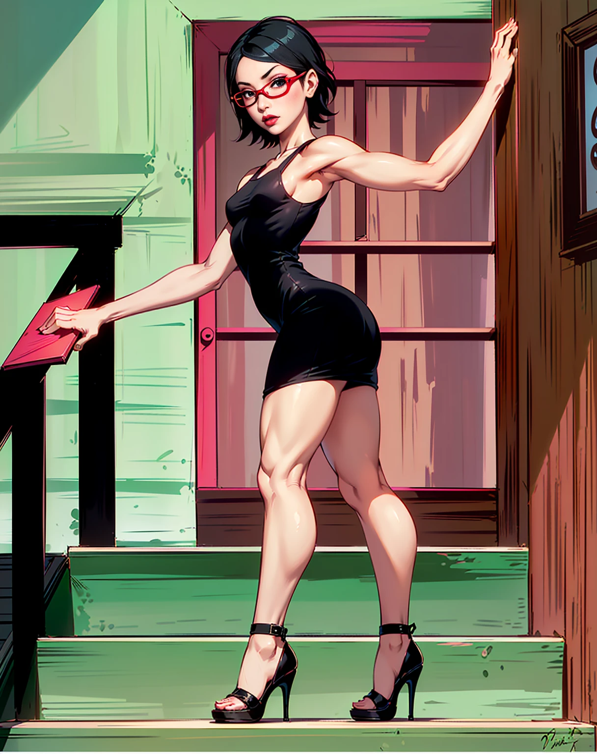 (1girl, solo, alone), (WakatsukiRisa, Sarada Uchiha, black hair, short hair, black eyes, red glasses), ((solo, (1woman, (small bust) pink lipstick, black eyes), Extremely detailed, ambient soft lighting, 4k, perfect eyes, a perfect face, perfect lighting, a 1girl)), ((fitness, muscular, shapely body, athletic body, toned body)) , ((black dress, short dress, black high heels, going down a staircase, green stairs, green walls, window background, wooden wall, black handrail, window , red wallet, seductive look, seductive facial expression, seductive woman))
