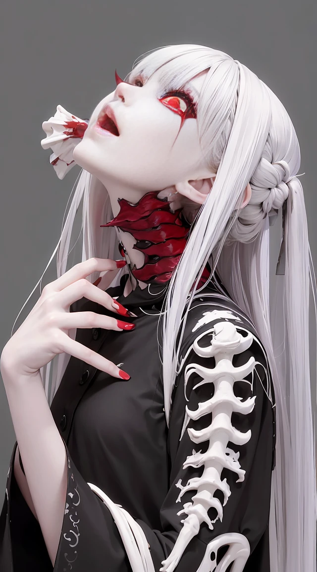 best quality, masterpiece,A ghoul torn anime girl, high contrasts, combined skeleton with girl and detailed red eyes. conceptual ideas for scary anime necromancer bleeding white hair, red eyes,white red paint on her clothes, looking up, crawling,hair strand,Fair skin,side braids, DosMix, scream fang
