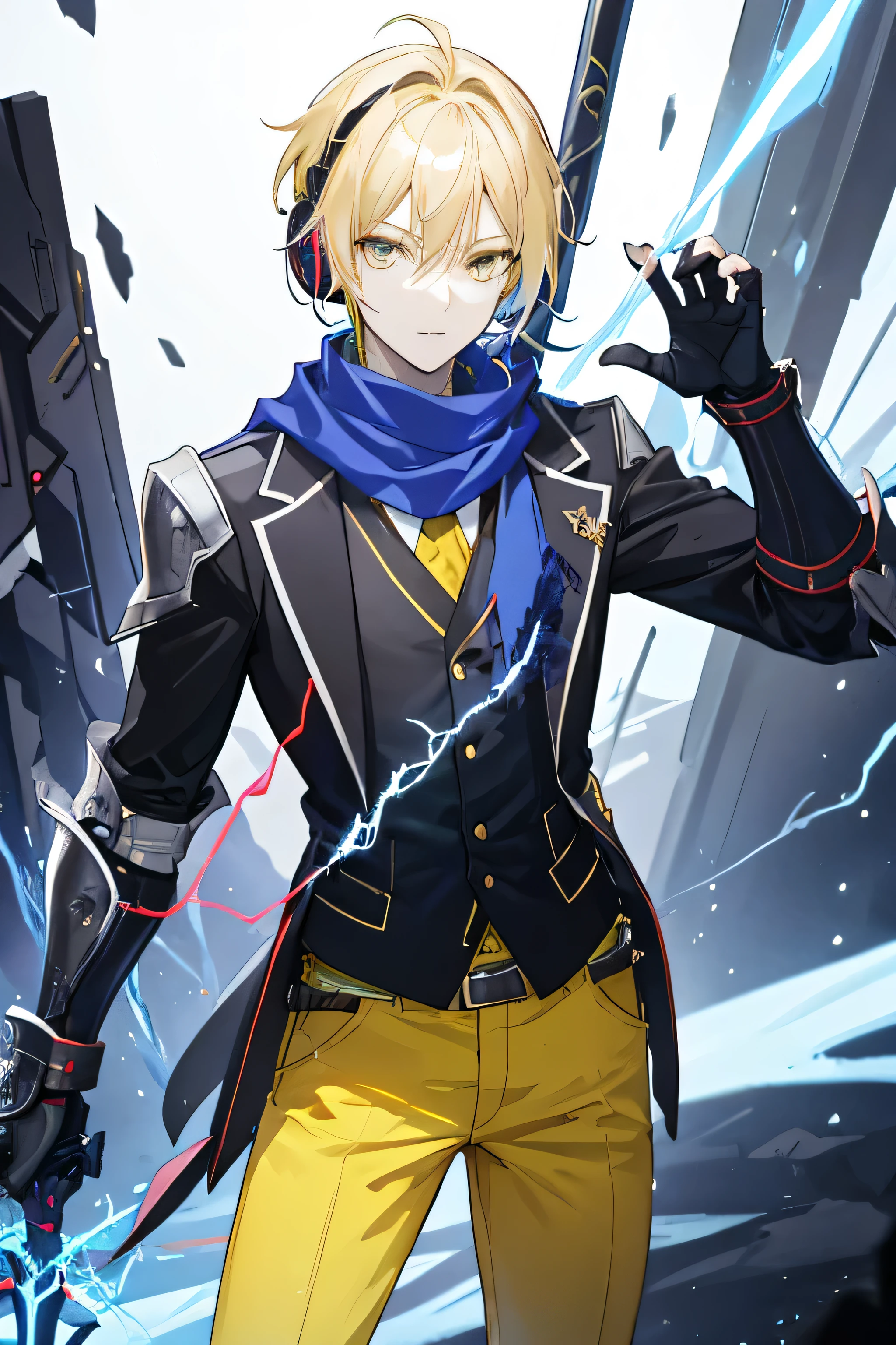 Young adult anime male with fair skin, thin but toned body, blonde hair with a few black and white streaks, wearing a black vest, yellow shirt, dark brown pants and a blue scarf with high tech sci fi headphones, gauntlets, and greaves. He is also holding a high tech spear and prismatic colored electricity shooting out from his gauntlets.