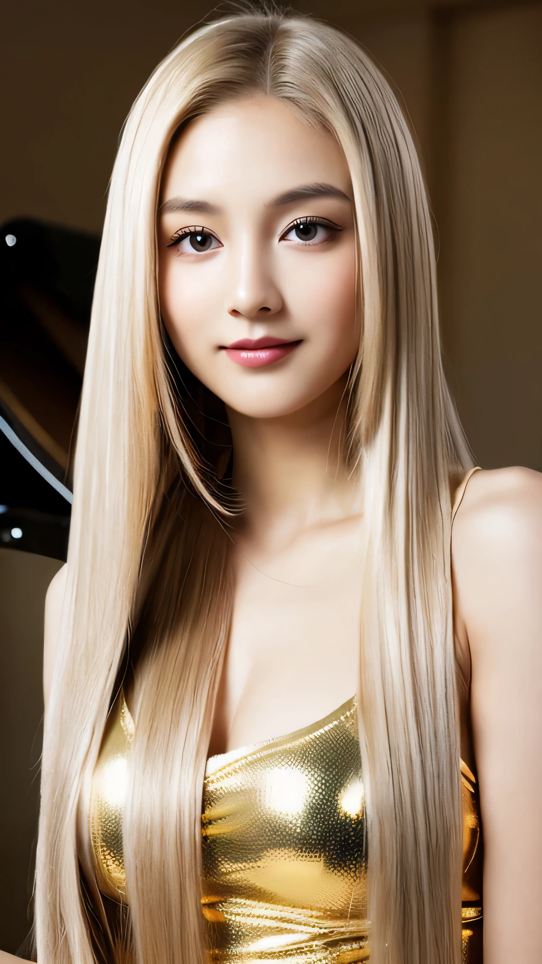 girl in a golden dress, Beautiful fantasy girl, Strong and voluptuous girl she is dressed as a belly dancer ((highest quality)), ((masterpiece)), (become familiar with), perfect face (1 girl) (French) (she 、The cutest teen in France.)((highest quality)), ((masterpiece)), long blonde hair long golden shiny hair,Golden silky hair, straight blonde hair, long blonde straight hair, Perfect silky straight hair, straight blonde hair, long blonde hair, her hair is long and straight, detailed long blonde hair ((big breasts 1.4)) (Super long hair down to the ankles) neat bangs The neatly trimmed bangs are princess cut and cover the entire forehead... Bright crimson lips fine hands thin fingers five fingers Sexy professional makeup beautiful japanese girl face, Japanese facial features, with long hair shiny long hair, long golden shiny hair, long and straight golden hair, her hair is long and straight, Super long hair girl, silky hair, long blonde hair, silky hair, Long flat hair, Silky texture, with long hair, Long flowing blonde hair, thin and shiny hair Detailed white beautiful human body anatomically correct skin fine eyes detailed mouth the corners of the mouth rise slightly (thin lips) Front view cool look smiling face serious expression (looking at the viewer) (The eyebrows are dark brown in color) Play the piano in the afternoon class ((Standing model pose))