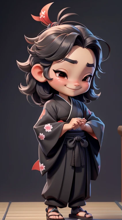 front view、full body figure、full body,, smile, Peace and love hand sign、boy,black kimono、Japanese clothing、samurai、Japanese kimono,A face with a jutting jaw、Hair parted to the left、My bangs are hanging on my forehead、Have a big brush、Background none、太くてHave a big brush、Front view、front shot、Look straight ahead、symmetrical pose