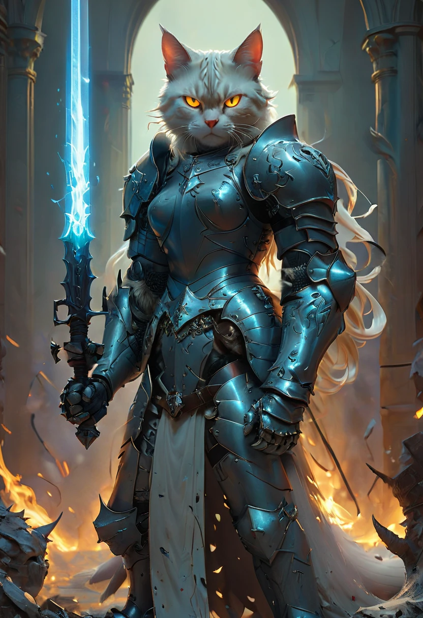 cat knight with glowing eyes, war field, (anthropomorphic cat:1.4), ethereal, angry, dynamic pose, Movie Still, cover art, vertical symmetry, famous artwork by artgerm and guweiz, hkstyle, (masterpiece, best quality, perfect composition, very aesthetic, absurdres, ultra-detailed, intricate details, Professional, official art, Representative work:1.3)