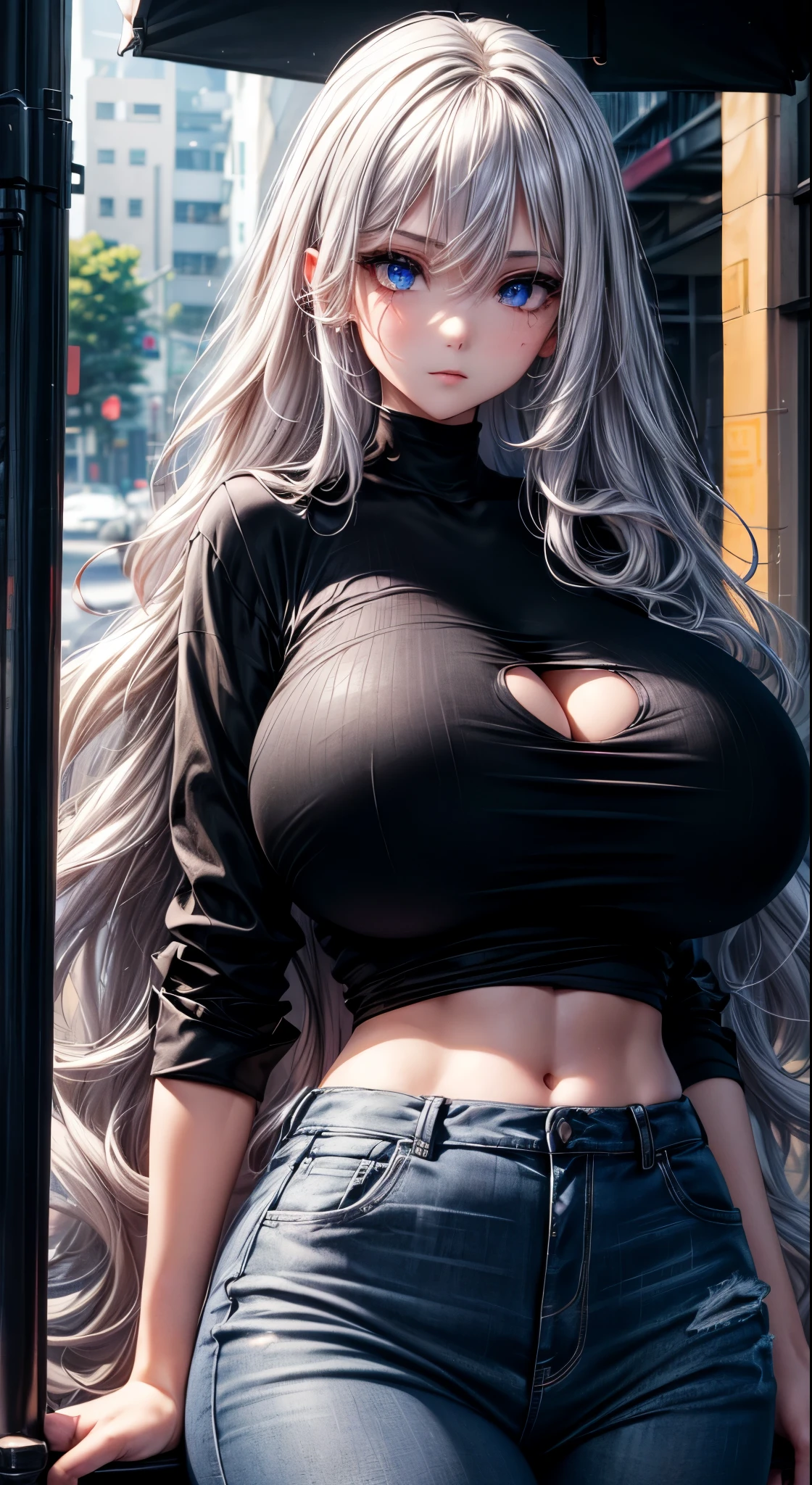 1girl, masterpiece, best quality, ultra-detailed, beautiful detailed, (((extremely detailed face))), white hair, (((long hair))), (wavy curly hair),, (((black shirt))), ((huge breasts)), showing cleavage, ((street)), (looking at viewer),, (huge chest), 