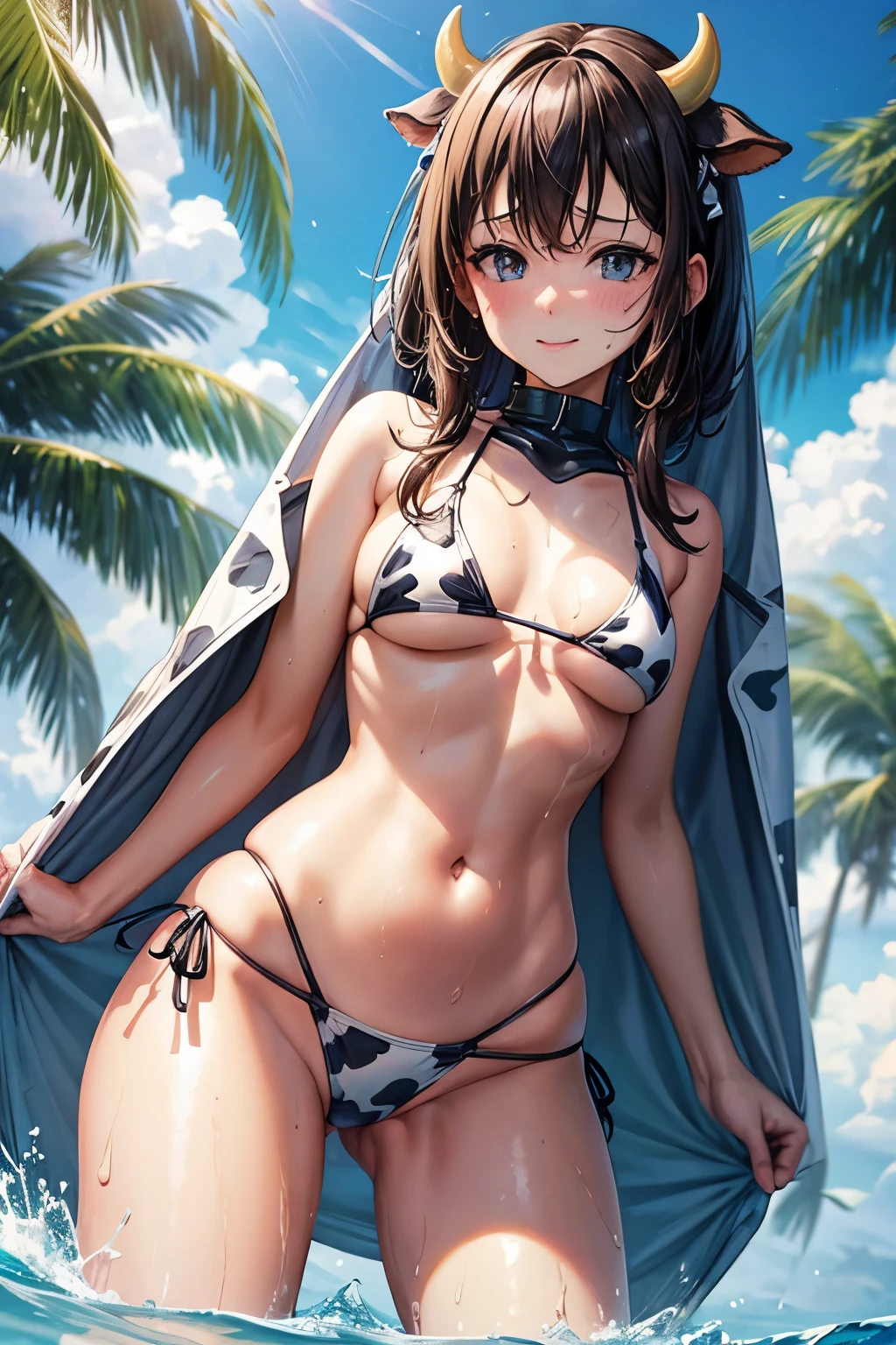 Woman in tight small cow bikini and wet anime