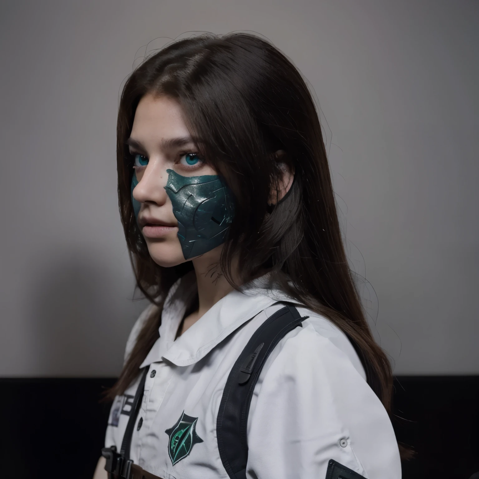 Wears a call of duty mask, 1 blue eye and 1 green eye, long brown hair