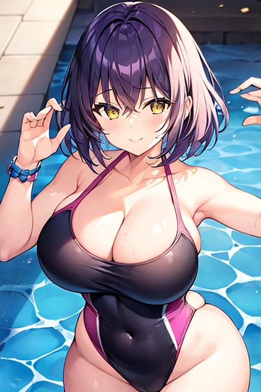1girl, large breasts, breasts, wide hips, thick thighs, purple hair, short hair, very short hair, yellow eyes, one-piece swimsuit, blue swimsuit, competition swimsuit, black one-piece swimsuit, light smile, smile, hourglsss figure, toned, toned female, tall, tall female