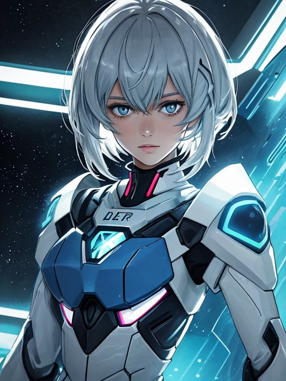 (Best quality:1.2),1girl,Allein,Stehen_Teilt,Ayanami Rei,white bodysuit,rote Augen,Pilotenanzug,kurzes Haar,Blaue Haare,bangs,Schnittstellen-Headset,Rollkragen,Haare zwischen den Augen,pixeliger Hintergrund,Neonlichter,Science-Fiction-Farbschema,Lebendige Farben,metallische Textur,detaillierte Schattierung,holografische Schnittstelle,Dark atmosphere,Hoher Kontrast,Scharfer Fokus,Hair Strands,reflective surface,exquisite Details,High Resolution,Studiobeleuchtung,rote Akzente,beleuchtete Umgebung,Artificial intelligence assistant